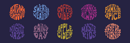 Groovy retro text designs featuring seasonal themes in vibrant colorsのイラスト素材