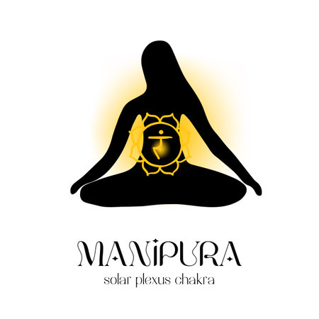 Silhouette meditation manipura chakra awakening with radiant yellow energyのイラスト素材
