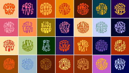 Color Positivity and motivation vibrant retro words in groovy 60s styleのイラスト素材