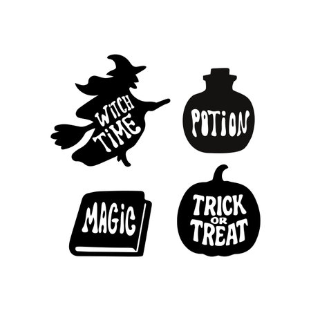Halloween icons featuring witch, potion, magic book, and trick or treat pumpkin silhouettes.のイラスト素材