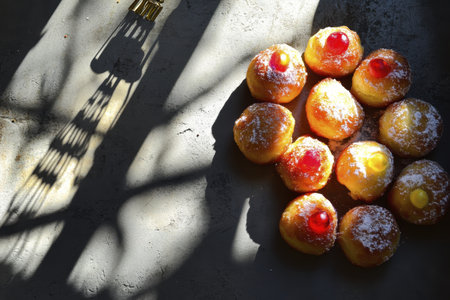 Sunlit pastry arrangement with colorful toppings and deep shadows on gray surface.の素材