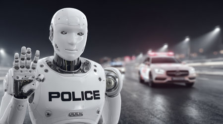 Futuristic robot police officer standing on urban street at night with blurred patrol car.の素材