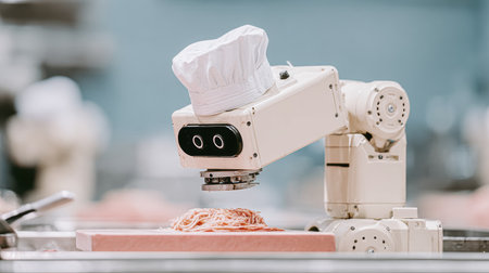 Robotic chef prepares meal in modern kitchen technology scene.の素材