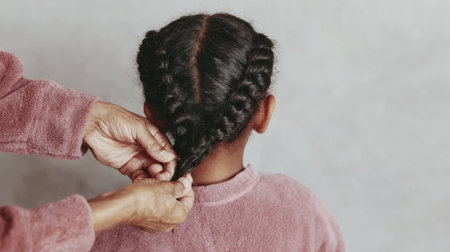 Grandparent braiding child's hair: tender family moment.の素材