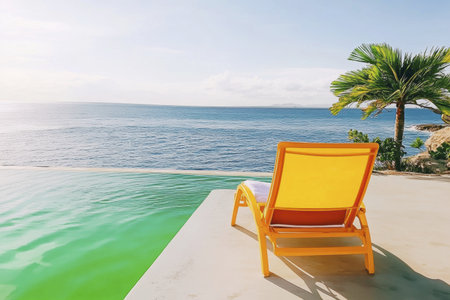 Tranquil oceanfront infinity pool with a vibrant yellow lounger in tropical paradise.の素材