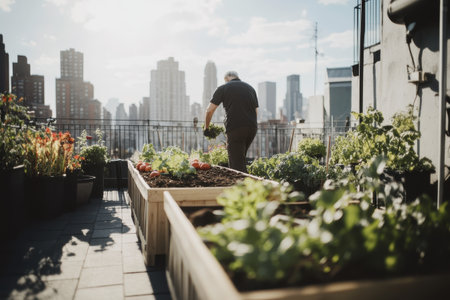 Urban rooftop gardening: elderly man tending vegetables in city skyline backdrop.の素材