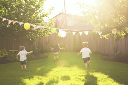 Children running in sunny backyard with balloons and bunting on a bright summer day.の素材