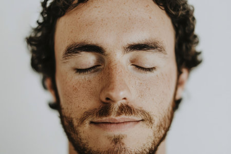 Serene portrait of a young man with closed eyes and skin care cream on face.の素材