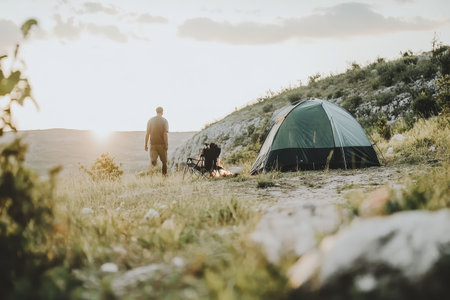 Sunset camping adventure: man, tent, and campfire in scenic landscape.の素材