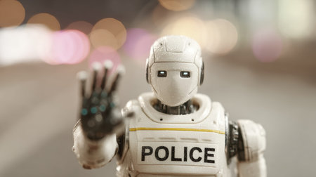 Futuristic robot police officer gesturing stop with bokeh city lights in background.の素材
