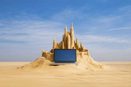 Laptop displaying sand castle on desert landscape under clear blue sky.の素材