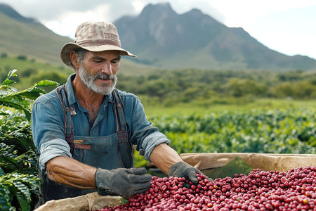 Coffee plantation workers harvesting coffee cherries in scenic mountain landscape.の素材