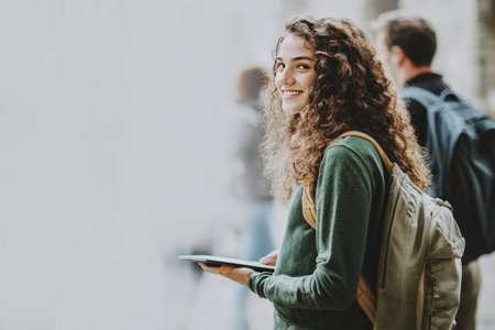 Smiling student with backpack and tablet in urban setting.の素材