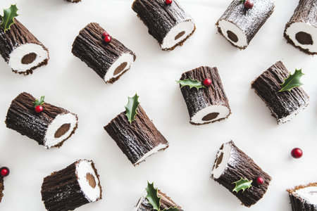 Festive chocolate yule log slices with holly and berries on white background, celebrating holiday desserts.の素材