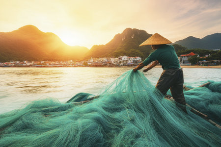Fisherman casting net at sunrise amid mountainous coastal village scenery.の素材