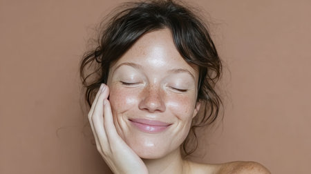 Smiling woman with closed eyes and natural freckles against a brown background.の素材