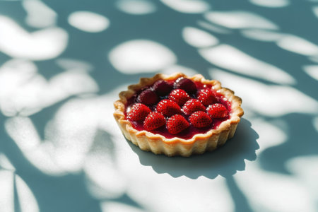 Delicious strawberry tart in artistic natural shadow light on blue background.の素材