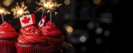 Festive canadian cupcakes with sparklers celebrating canada day.の素材