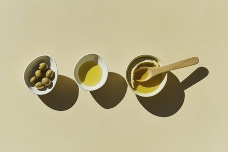 Minimalist olive-themed composition with olives, oil, and wooden spoon on soft beige.の素材