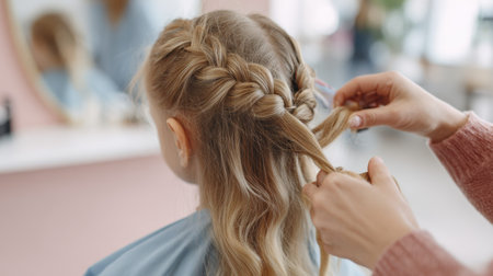 Creating an elegant braid for a child in a cozy salon setting.の素材