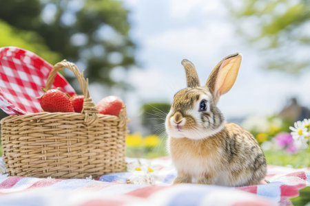 Adorable bunny with picnic basket and fresh strawberries in a sunny spring meadow.の素材