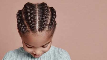 Portrait of a child with braided hair on a soft beige background.の素材