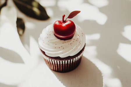 Delicious red velvet cupcake with cherry topping in natural light.の素材