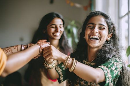 Joyful celebration with women in traditional atmosphere.の素材