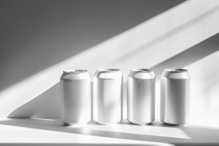Minimalist composition of four blank cans in harsh sunlight on a white background.の素材