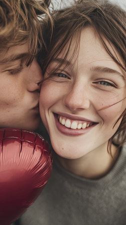 Joyful couple embracing love and happiness on a romantic day.の素材