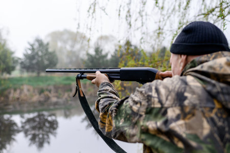 A male hunter with a rifle hunts and aims against the background of lake