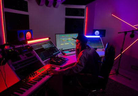 Beautiful caucasian girl in stylish clothes works in a recording studio