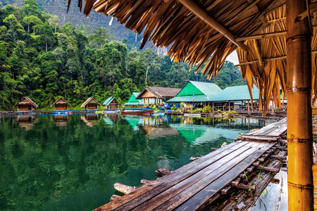 Floating village on Lake Cheo lan in Thailandのeditorial素材