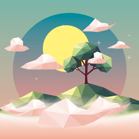 Low poly abstract landscape with a tree, hills, and sun in pastel shades of green, yellow, and pink, perfect for modern designs and backgrounds.のイラスト素材