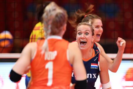 BUDAPEST, HUNGARY - AUGUST 23, 2019: The Netherlands players celebrate, at the Netherlads (blue) - Romania (yellow) 2019 CEV Volleyball European Championship women's volleyball game.のeditorial素材