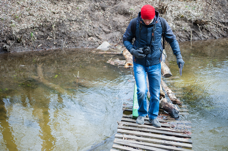 a man traveling in a pine forestの写真素材