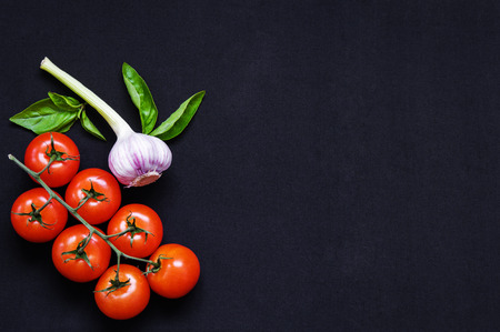 Food frame. Pasta ingredients. Cherry-tomatoes, spaghetti pasta, garlic, basil, parmesan and spices on dark grunge backdrop, copy space, top view, horizontal orientedの写真素材