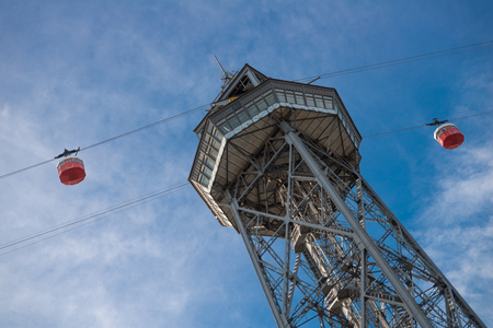 The tower with two cable cars for Transbordador Aeri del Port in Barcelona, Spainのeditorial素材