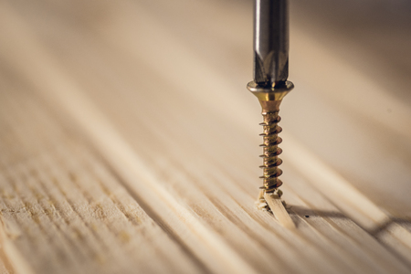 Carpenter screwing the crew with cordless screwdriver into wooden boardの写真素材