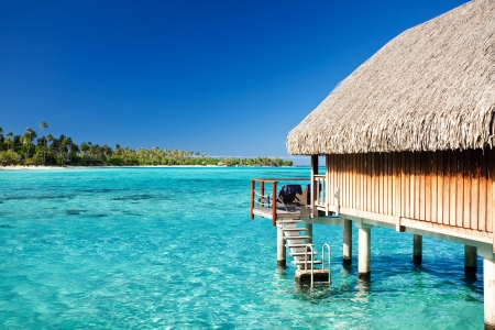 Over water bungalow with steps into amazing lagoonのeditorial素材