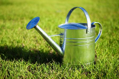 Shiny metal watering can in the green grassの写真素材