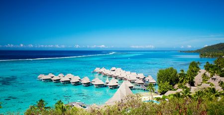 High angle shot of over water bungalows at Moorea islandの写真素材