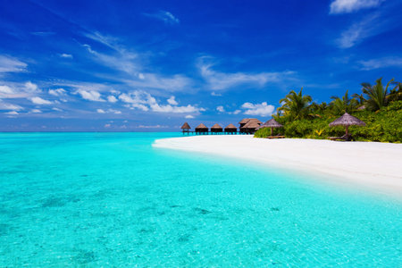 Tropical island with palm trees and villas over turquoise lagoon