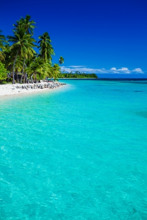 Tropical island in Fiji with sandy beach and pristine waterの写真素材