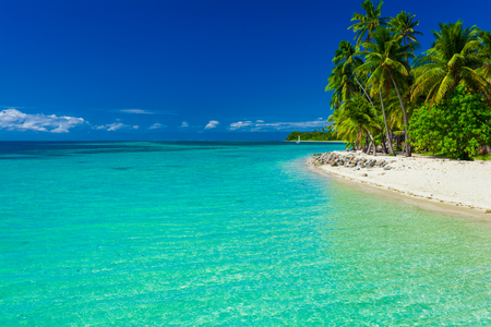 Tropical island in Fiji with sandy beach and clear lagoonの写真素材