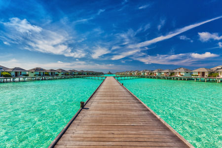 Beautiful water villas on the sea connected by the bridge, Maldivesのeditorial素材