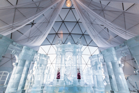 HREBIENOK, SLOVAKIA - JAN 06 2016: Ice Altar in Tatras House, Hrebienok, High Tatras. It's an altar with statues build from ice.のeditorial素材