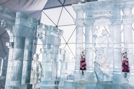 HREBIENOK, SLOVAKIA - JAN 06 2016: Ice Altar in Tatras House, Hrebienok, High Tatras. It's an altar with statues build from ice.のeditorial素材