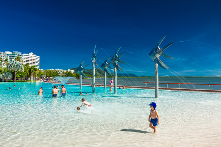 CAIRNS, AUSTRALIA - 27 MARCH 2016. Tropical swimming lagoon on the Esplanade in Cairns with artificial beach, Queensland, Australia.のeditorial素材