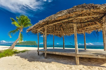Tropical vibrant natural beach on Samoa Island with palm tree and faleの写真素材